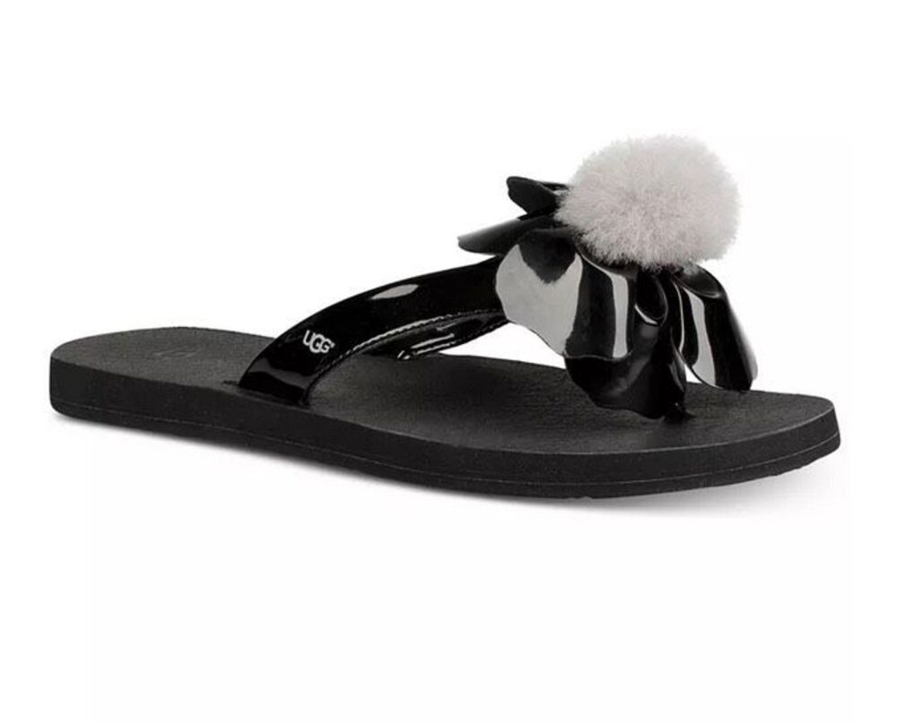 UGG Poppy Black Patent Bow Pom Pom Flip Flop Sandals Size 7